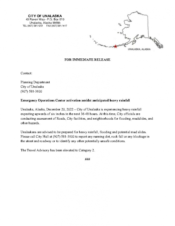 Press Release - December 20, 2022 - Activating EOC and rainfall
