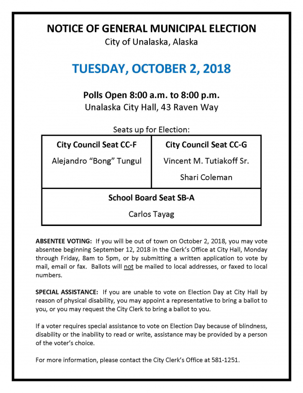 Unalaska Local Election Notice, 10/2/2018