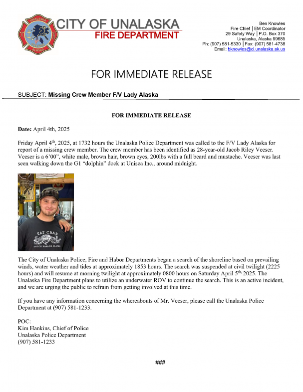 News Release - Missing Person F/V Lady Alaska 2025 04 04