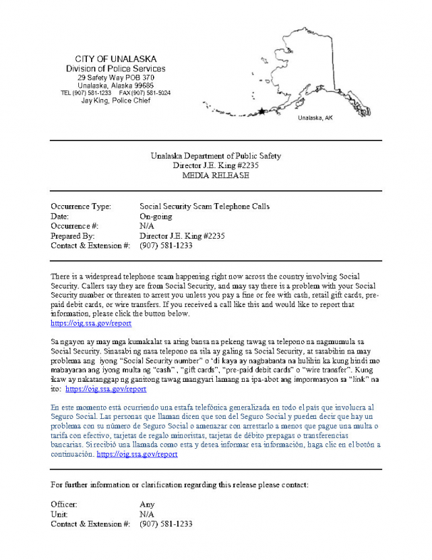 Media Release - Social Security Scam