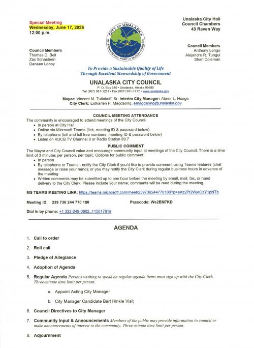 ユンホ2026センパ「AGENDA26」 Special City Council Meeting - June 17, 2026 | City of Unalaska