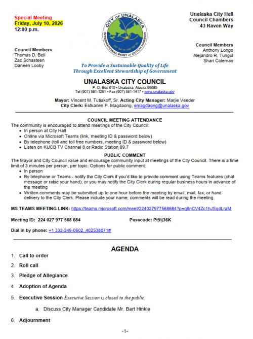 Special City Council Meeting - July 10, 2026 | City of Unalaska